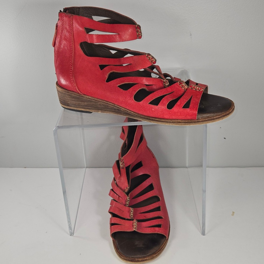Gee WaWa Red Leather Gladiator Sandals Womens 8.5‎ Handmade Wedge Cutout